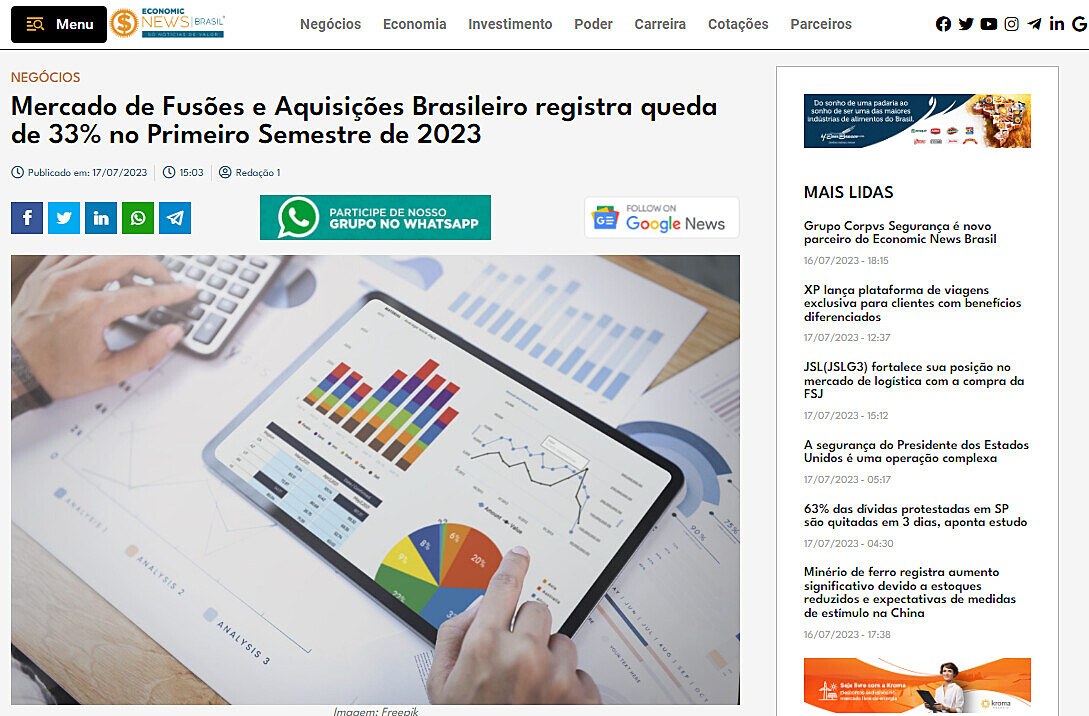 Mercado de Fuses e Aquisies Brasileiro registra queda de 33% no Primeiro Semestre de 2023
